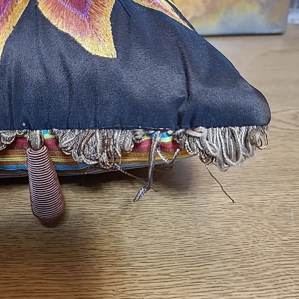 Pier 1 Imports Embroidered Floral Lumbar Pillow Orange Brown Fringe 13x18